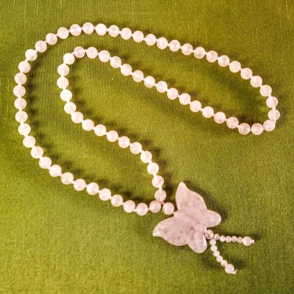 Rose Quartz Bead Necklace with Butterfly Pendant - Picture 5 of 8